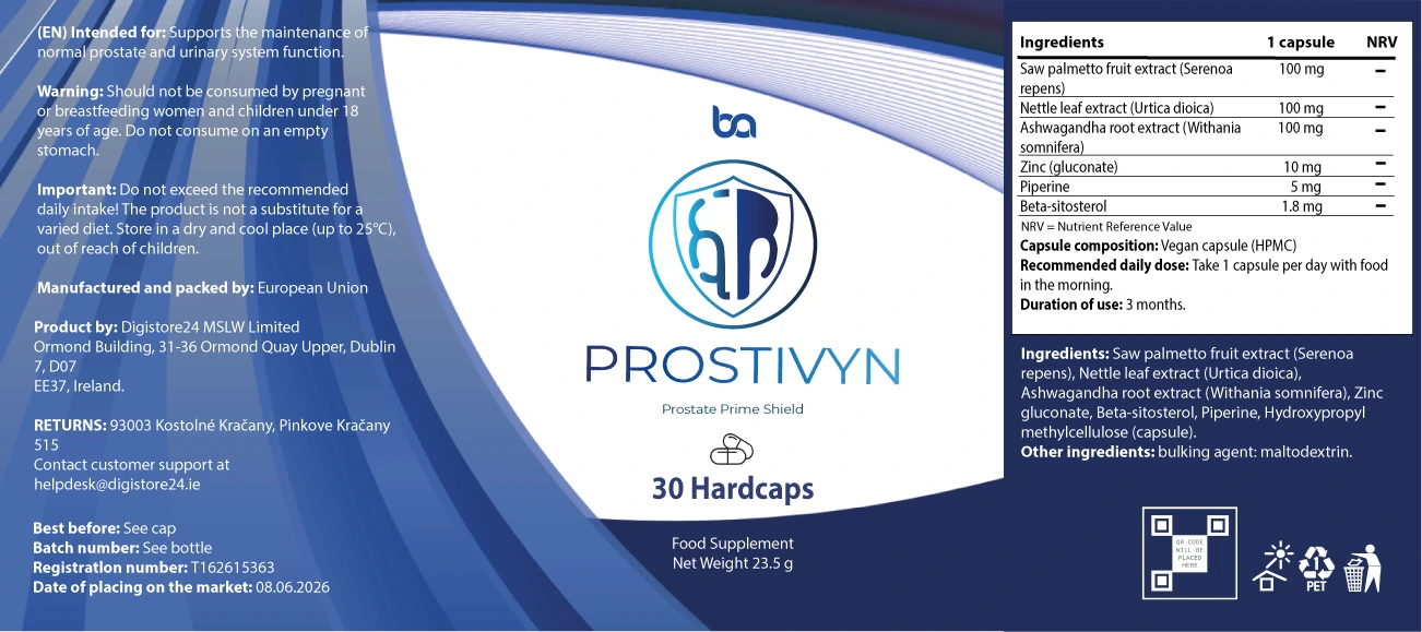 Official ProstiVyn label showing ingredients and amounts per capsule.