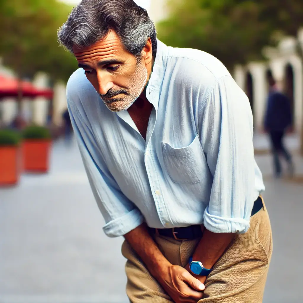 Older man showing visible discomfort.